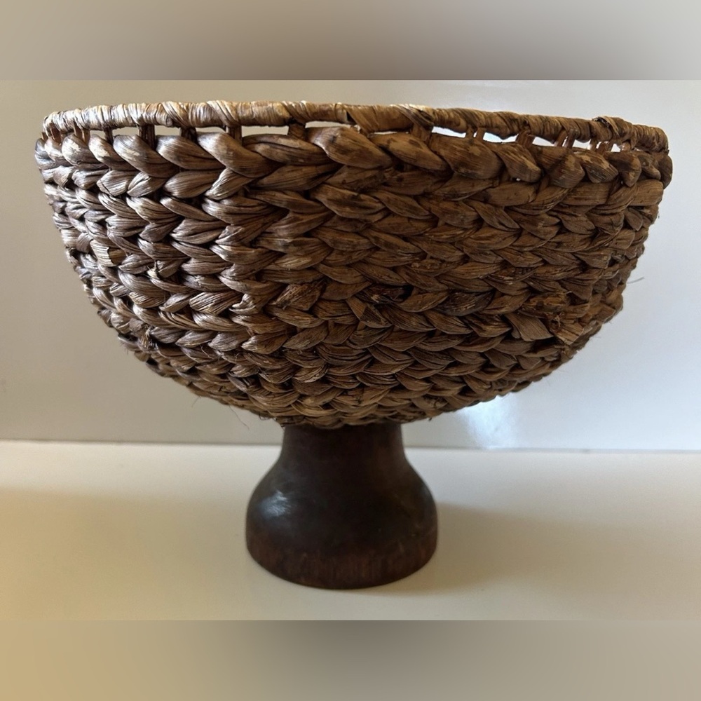 Woven Pedestal Round Rattan Basket On a Foot Fruit Boho Centerpiece